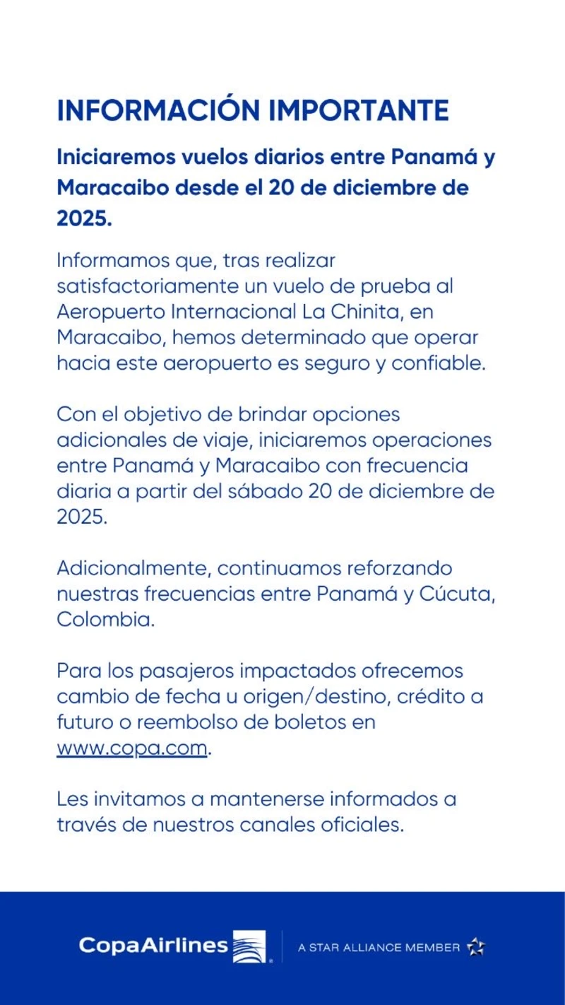 Comunicado de Copa Airlines indicando la reanudaci�n de vuelos a Venezuela.